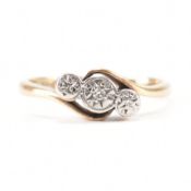 VINTAGE 9CT GOLD PLATINUM & DIAMOND CROSS OVER RING