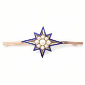 VICTORIAN 9CT GOLD PEARL & BLUE ENAMEL BAR BROOCH