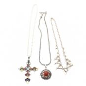 THREE SILVER & WHITE METAL NECKLACES - STONE & PEARL SET