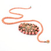 VINTAGE CORAL BEADED NECKLACE & 1930S CZECH BROOCH