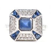 WHITE GOLD SAPPHIRE & DIAMOND ART DECO STYLE PANEL RING
