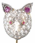 SAPPHIRE RUBY SPINEL PEARL & DIAMOND FIGURAL DOG STICK PIN