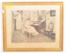 19TH CENTURY ENGRAVING ON SILK - YOUNG WOMAN READING