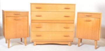 PAIR OF MID CENTURY LIGHT OAK BEDSIDE CABINETS & CHEST