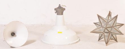 THREE VINTAGE PENDANT ENAMEL LIGHTS & LANTERN