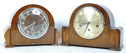 TWO EARLY 20TH CENTURY ART DECO OAK CASED MANTEL CLOCKS
