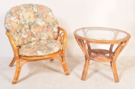 1970S BAMBOO & WICKER CANE ARMCHAIR & TABLE