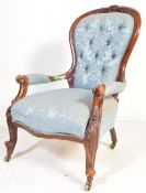 VICTORIAN CARVED UPHOLSTERED ARMCHAIR IN BLUE FABRIC