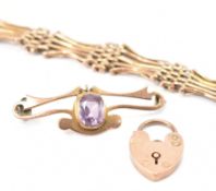 TWO PIECES OF 9CT GOLD JEWELLERY - BRACELET FRAGMENT & BROOCH