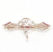 ANTIQUE 18CT GOLD DIAMOND RUBY & PEARL BROOCH