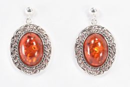 PAIR OF 925 SILVER & AMBER STUD DROP EARRINGS