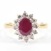 VINTAGE 18CT GOLD RUBY & DIAMOND HALO RING