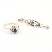 9CT GOLD BAR BROOCH & SILVER GILT GOLD PLATED HALO RING