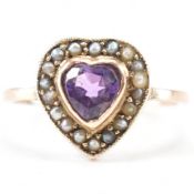 1930's 9CT ROSE GOLD AMETHYST & PEARL TARGET HEART RING
