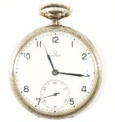 OMEGA OPEN FACED WHITE METAL CROWN WIND POCKET WATCH