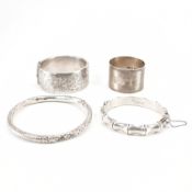 GROUP OF SILVER BANGLE BRACELETS & NAPKIN RINGS