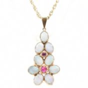 HALLMARKED 9CT GOLD OPAL & RUBY PENDANT NECKLACE