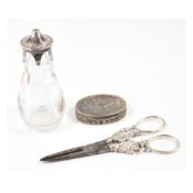 ANTIQUE SILVER MARKED ITEMS - BOX SCISSORS & CRUET