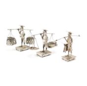THREE SILVER CHINESE TRADER FIGURINES