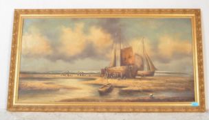 MID CENTURY OIL ON CANVAS FISHING SCENE IN GILT FRAME