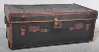 EARLY 20TH CENTURY BLACK LEATHER TRAVEL TRUNK