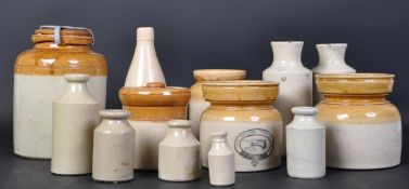 SELECTION OF TWO TONE / WHITE STONEWARE JARS / BOTTLES