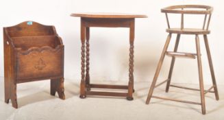 1920'S OAK MAGAZINE RACK, TABLE & CHILDS HIGH CHAIR