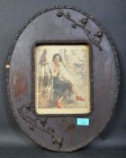 ART & CRAFTS OAK FRAMED PORTRAIT ON SILK PAINTING