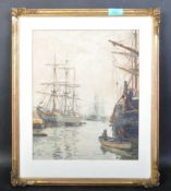 19TH CENTURY WATERCOLOUR PAINTING TALL SHIP AT HARBOUR