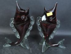 TWO RETRO VINTAGE MURANO GLASS FISH SHAPED VASES