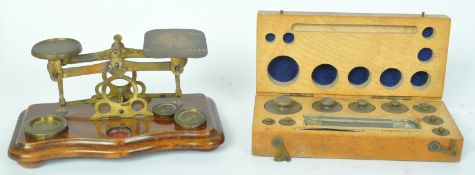 VICTORIAN POSTAL BRASS & WOOD LETTER SCALE WITH WEIGHTS