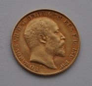 22CT GOLD 1908 EDWARD VII HALF SOVEREIGN COIN