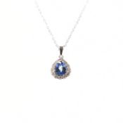 18CT WHITE GOLD SAPPHIRE & DIAMOND PENDANT NECKLACE