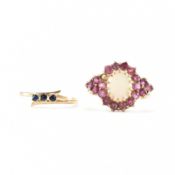 HALLMARKED 9CT GOLD OPAL & RUBY CLUSTER RING & 3 STONE RING