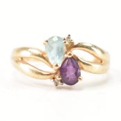 HALLMARKED 9CT GOLD PURPLE & BLUE STONE RING