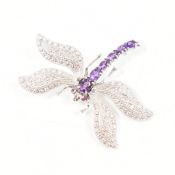 925 SILVER AMETHYST CZ & RUBY DRAGONFLY BROOCH