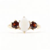 HALLMARKED 9CT GOLD OPAL & GARNET THREE STONE RING
