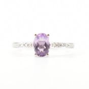HALLMARKED 9CT WHITE GOLD AMETHYST & DIAMOND RING