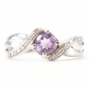 HALLMARKED 9CT WHITE GOLD AMETHYST & DIAMOND CROSSOVER RING