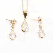 9CT GOLD CZ PENDANT NECKLACE & EARRING SUITE