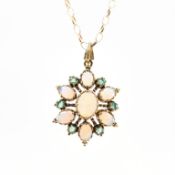 HALLMARKED 9CT GOLD OPAL & GREEN STONE PENDANT NECKLACE