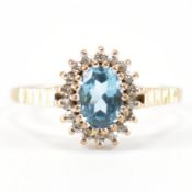HALLMARKED 9CT GOLD BLUE STONE & DIAMOND HALO RING