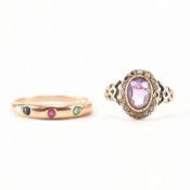 TWO VINTAGE GOLD RINGS - AMETHYST & 3 STONE