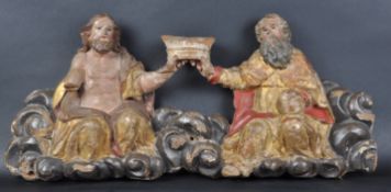 18TH CENTURY CARVED RELIGIOUS TWIN FIGURE WALL PANEL