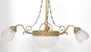 20TH CENTURY BRASS AND FROSTED GLASS HANGING CHANDELIER