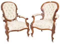 NEAR PAIR OF 19TH CENTURY WALNUT FRAMED ARMCHAIRS