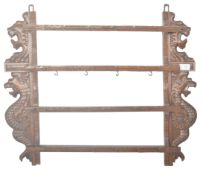 19TH CENTURY HEAVILY CARVED OAK LION HEADS WALL RACK