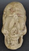 UNUSUAL 20TH CENTURY CARVED WOOD PAINTED SKULL