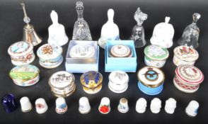 COLLECTION PORCELAIN PILL BOXES, BELLS, THIMBLES ETC