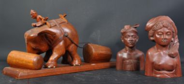 LARGE 20TH CENTURY BALINESE ELEPHANT CARVING & BUSTS